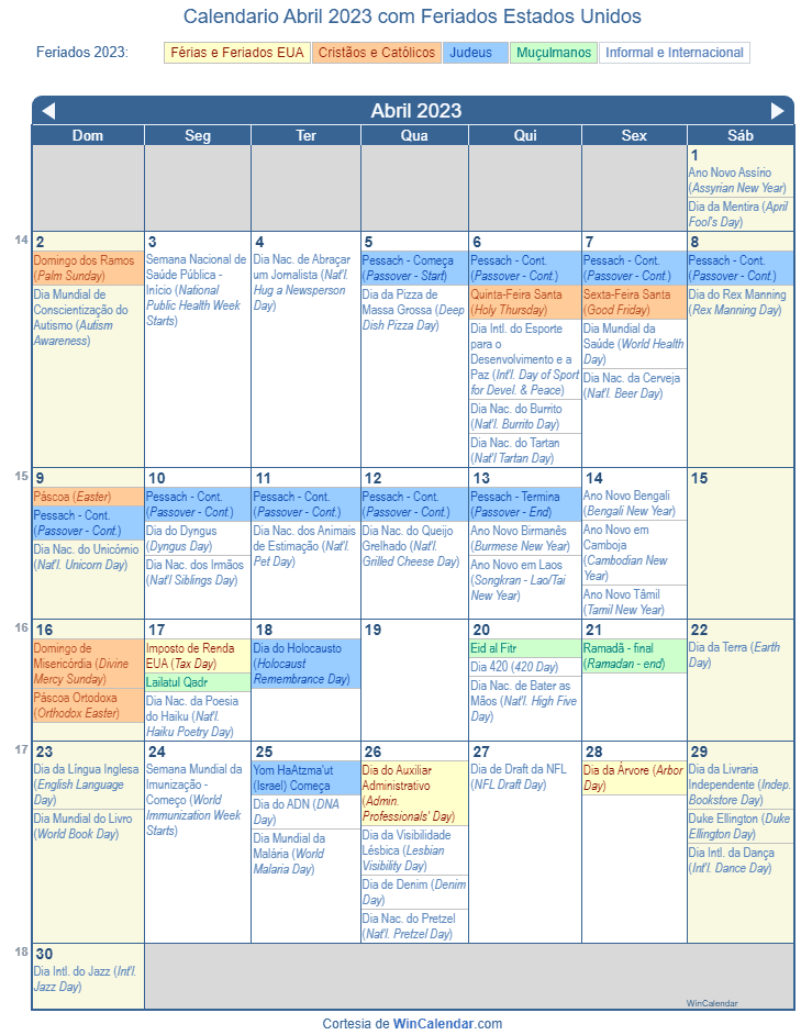 Calendário Abril 2023 com Feriados para Imprimir, em formato PNG