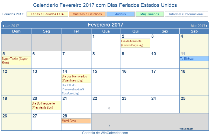 Calendário Fevereiro 2017 Para Imprimir Estados Unidos