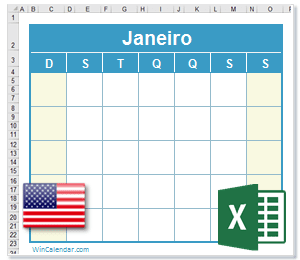 Calendário Excel Estados Unidos