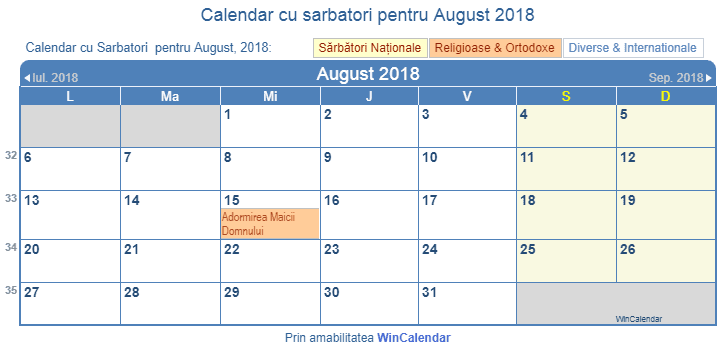 Calendar August 2018 Cu SÄƒrbÄƒtorile NaÈ›ionale Romania