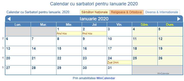 Calendar Ianuarie 2020 Cu SÄƒrbÄƒtorile NaÈ›ionale Romania